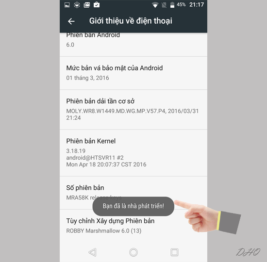 Chạm nhiều lần vào số hiệu phiên bản